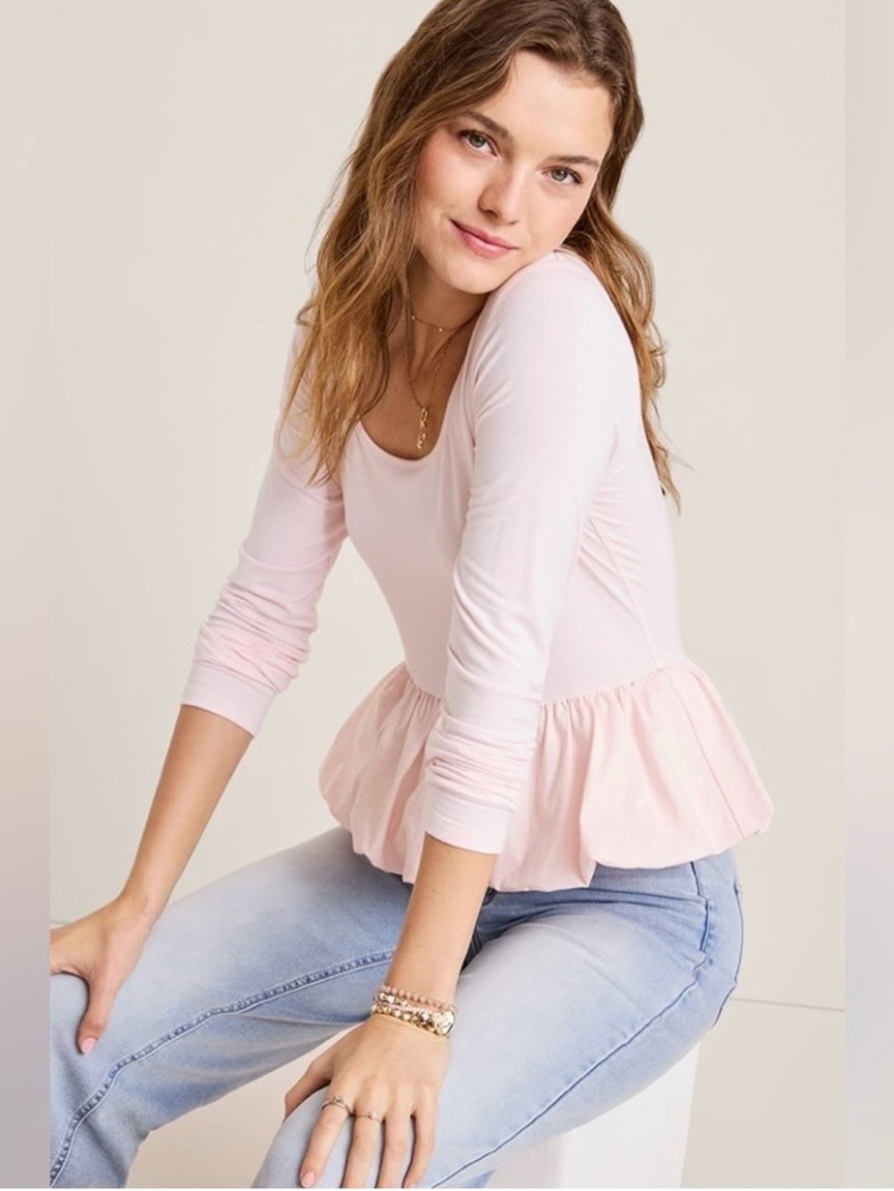 Tara Bubble Francesca Peplum Top | Light Pink Long Sleeve Blouse CLEARANCE